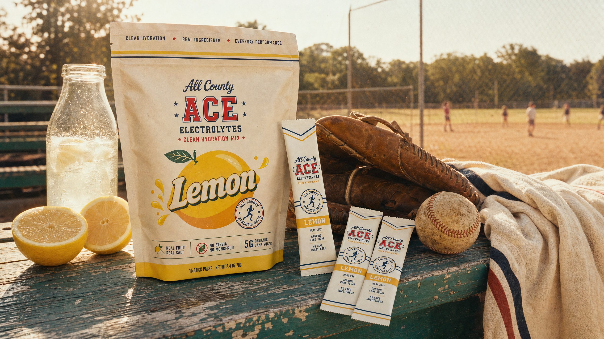Lemon ACE pouch and stick packs on sunlit ball-field bleachers
